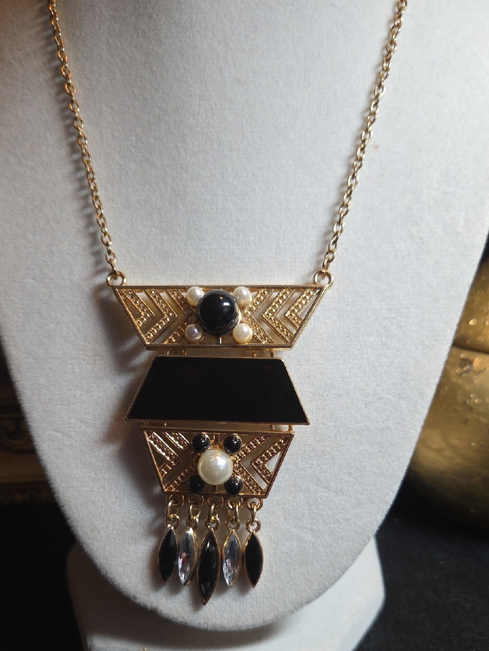 Gold-Tone With Black Enamel  & Pearl Geometric Pendant Necklace